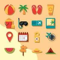 vacanze estive viaggi turismo ricreazione set di icone incluse palla palm snorkel frutta e biglietto stile piatto vettore