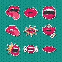 pop art bocca e labbra femminili sexy labbra rosse bagnate con denti impostati linea e icone di riempimento sfondo verde