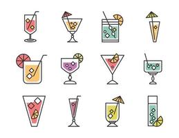 icona cocktail bevanda liquore alcol rinfrescante tazze di vetro icone della barra dei menu impostate vettore