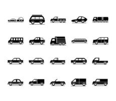 modello di auto viaggio autobus camion trasporto veicolo silhouette stile icone set design vettore