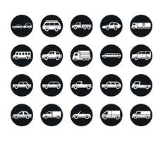 modello di auto viaggio autobus camion trasporto veicolo silhouette stile icone set design vettore