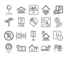 design set di icone di stile di linea di affari di trasporto di parcheggio vettore