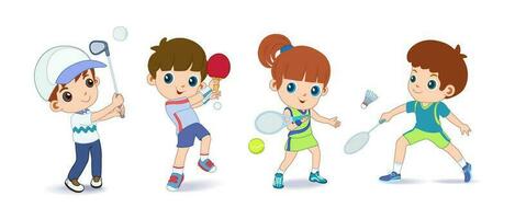 contento bambini giocando sport gioco, fare fisico esercizio. formazione impostare. attivo salutare infanzia. piatto vettore cartone animato illustrazione isolato su bianca sfondo