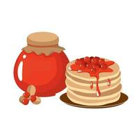 un' vaso di rosso bacca marmellata, un' pila di Pancakes. vettore