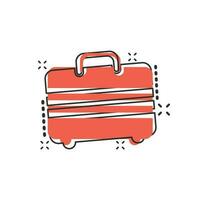 vettore cartone animato valigia icona nel comico stile. bagaglio Borsa cartello illustrazione pittogramma. diplomatico Astuccio attività commerciale spruzzo effetto concetto.