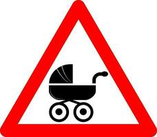 bambino passeggino cartello. avvertimento cartello di il partenza bambino passeggino. rosso triangolo cartello con bambino carrozza silhouette dentro. attenzione madre con bambino. bambino carrozza cartello. strada cartello. vettore