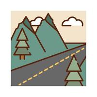 paesaggio asfalto percorso montagne alberi cielo natura cartone animato linea piena colori piatti vettore