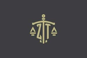 lettera zt logo per legge ufficio e procuratore con creativo scala e spada icona design vettore