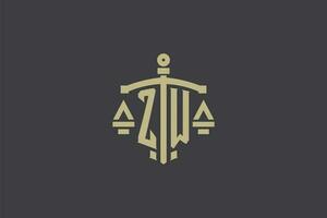 lettera Z W logo per legge ufficio e procuratore con creativo scala e spada icona design vettore
