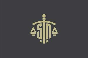 lettera sn logo per legge ufficio e procuratore con creativo scala e spada icona design vettore