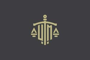 lettera um logo per legge ufficio e procuratore con creativo scala e spada icona design vettore