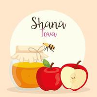 celebrazione di rosh hashanah, capodanno ebraico, con bottiglia di miele, mele e api che volano vettore