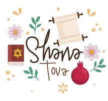 celebrazione di rosh hashanah, capodanno ebraico, con decorazioni tradizionali di icone vettore