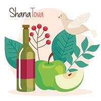 celebrazione di rosh hashanah, capodanno ebraico, con bottiglia di vino, mela, foglie e colomba vettore