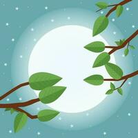 cartone animato tramonto. piatto vettore illustrazione, alberi, foglia, Luna e notte.