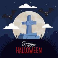 banner di halloween felice con lapide, pipistrelli che volano e luna sullo sfondo vettore