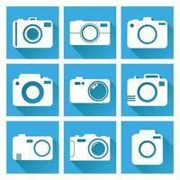 telecamera icona impostato su blu sfondo con lungo ombra. vettore illustrazione nel piatto stile con fotografia icone.