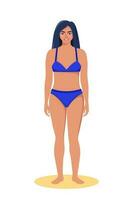 donna vestito nel costume da bagno in piedi su il spiaggia. estate vacanze. bellissimo sexy ragazza nel bikini. vettore illustrazione.