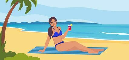 donna vestito nel costume da bagno prendere il sole su il spiaggia con cocktail nel sua mano e sorridente. estate vacanze. bellissimo sexy ragazza nel bikini. vettore illustrazione.