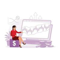 femmina analista seduta e analizzando azione mercato investimento dati. tendenza moderno vettore piatto illustrazione.