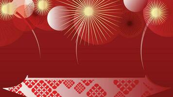 contento Cinese nuovo anno lusso stile sfondo vettore. d'oro geometrico forme, fuochi d'artificio, Cinese e giapponese modello su rosso sfondo. orientale design per sfondo, carta, manifesto, pubblicità. vettore