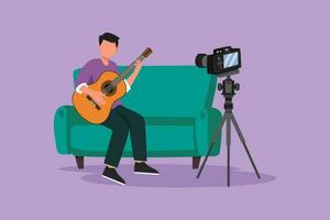 cartone animato piatto stile disegno uomo registrazione video clip e giocando chitarra di telecamera su treppiedi. maschio vlogger influencer l'esecuzione musica per mostrare per streaming digitale. grafico design vettore illustrazione