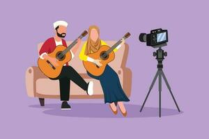 cartone animato piatto stile disegno arabo coppia video blog influencer l'esecuzione musica mostrare per streaming in linea pubblico ascoltando a casa. uomo donna giocando chitarra e cantare canzone. grafico design vettore illustrazione