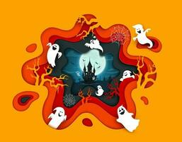Halloween carta tagliare bandiera con fantasmi e castello vettore