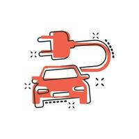 vettore cartone animato elettro auto icona nel comico stile. elettrico automobile veicolo illustrazione pittogramma. ecologia auto berlina spruzzo effetto concetto.