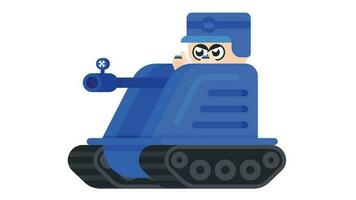 cartone animato soldato guida un' cisterna. blu soldato nel un' serbatoio pronto per attacco, piatto stile vettore illustrazione