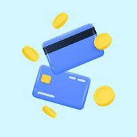 3d plastica credito carte e d'oro monete nel volo. realistico vettore illustrazione isolato su blu sfondo.