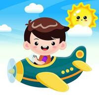 cartone animato carino ragazzo volante nel aereo vettore