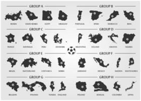 set di gruppi di squadre di calcio o di calcio. mappa del paese silhouette con palla. vettore per il torneo internazionale del campionato mondiale 2018.