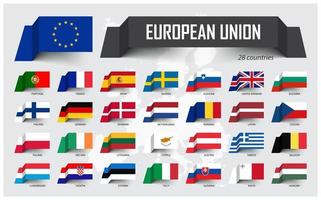 Unione europea . UE e appartenenza. associazione di 28 paesi. disegno di bandiera di carta galleggiante su sfondo mappa europa. vettore. vettore