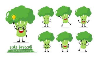 broccoli cartone animato con molti espressioni. diverso verdura attività vettore illustrazione piatto design. inteligente broccoli per bambini storia libro.
