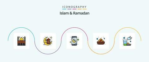 Islam e Ramadan linea pieno piatto 5 icona imballare Compreso ora. date. mobile. dolce. cibo vettore