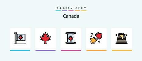 Canada linea pieno 5 icona imballare Compreso orso. rivestire di legno. Canada. tronco d'albero. foglia. creativo icone design vettore