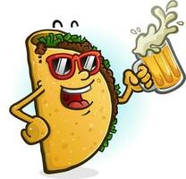 un' allegro cartone animato taco personaggio partying con un' boccale di messicano birra vettore
