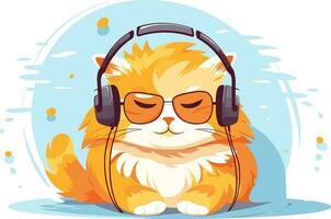 carino gatto ascoltando canzoni con cuffie e indossare raffreddamento bicchieri illustrazione vettore