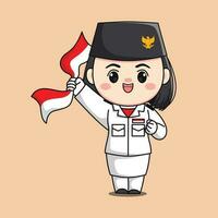 Indonesia indipendenza giorno bandiera allevatore femmina personaggio chibi kawaii piatto cartone animato illustrazione vettore