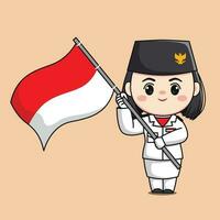 Indonesia indipendenza giorno bandiera allevatore femmina personaggio chibi kawaii piatto cartone animato illustrazione vettore