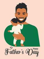 contento Il padre di giorno saluto carta. un' barbuto attraente uomo con un' piccolo bambino nel il suo braccia sorrisi felicemente. verticale rosa striscione. vettore. vettore