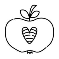 Mela con un' cuore, amore per frutta, vettore nero linea icona
