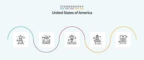 Stati Uniti d'America linea 5 icona imballare Compreso dichiarazione di indipendenza. pentola. ghiaccio hockey. pianta. cactus vettore