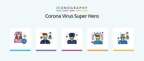 corona virus super eroe linea pieno 5 icona imballare Compreso cura. Salute. ufficiale. medico. maschio. creativo icone design vettore