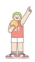 un' carino pallacanestro giocatore è Tenere un' pallacanestro e puntamento su con il suo dito nel un energico posa. schema semplice vettore illustrazione.