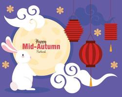 festival cinese di metà autunno con luna piena, coniglio e decorazioni tradizionali vettore