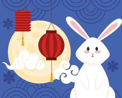 festival cinese di metà autunno con coniglio, lanterne appese, nuvole e luna piena vettore