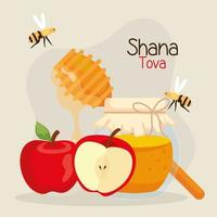 celebrazione di rosh hashanah, capodanno ebraico, con miele in bottiglia, mele e api che volano vettore