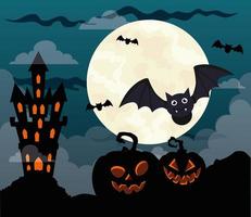 felice sfondo di halloween con castello infestato, zucche, pipistrelli che volano e luna piena vettore